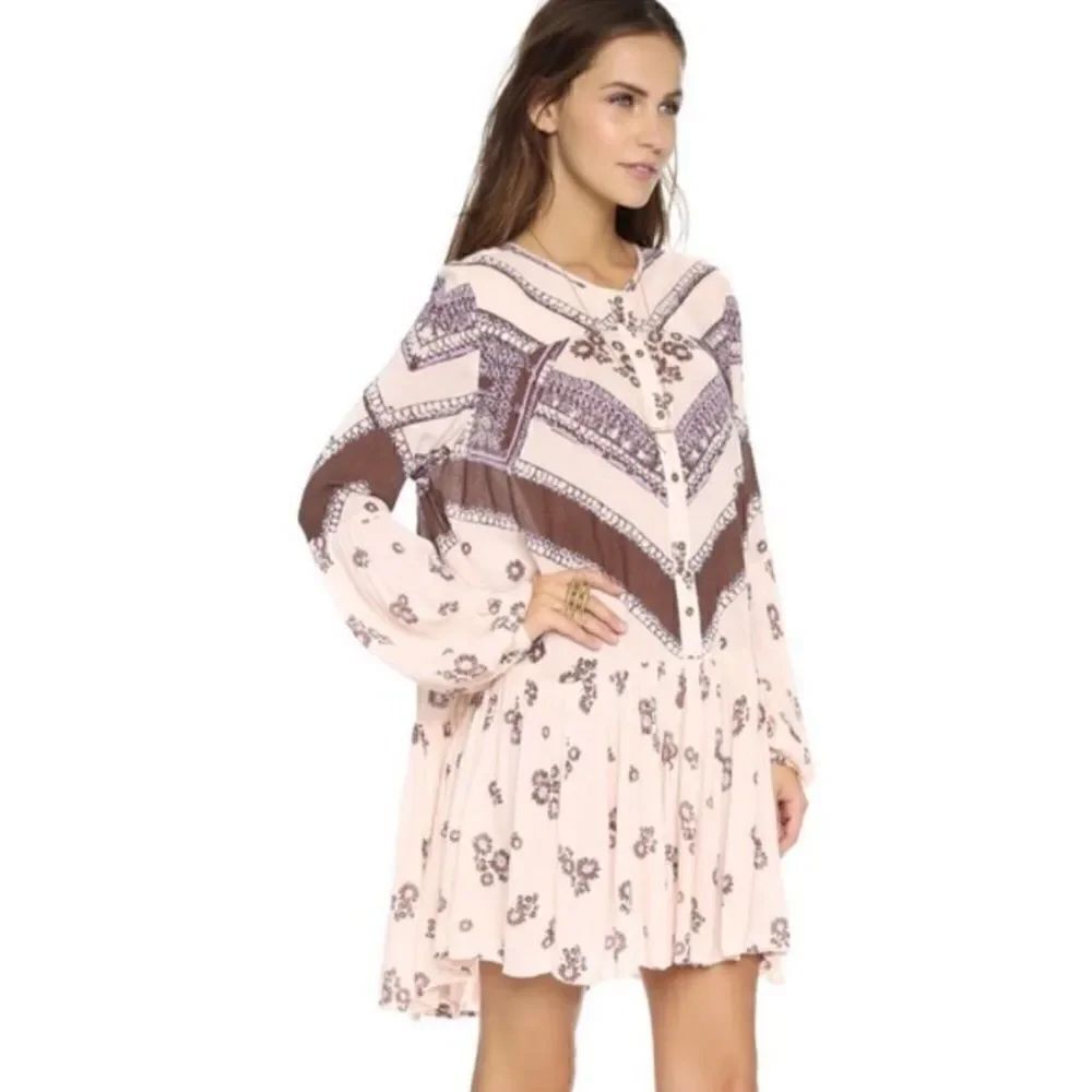 Free People Long Sleeve Boho Floral Tunic Light Pink & Maroon Size XS